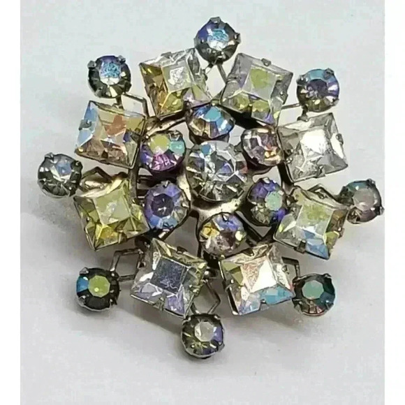 Vintage AB Rhinestone Snowflake Starburst Statement Pin Brooch Atomic MCM - Picture 1 of 6
